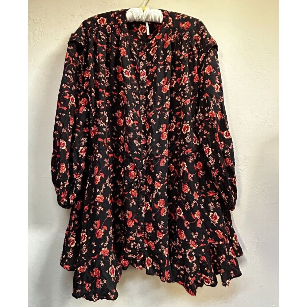 Free People Womens Sz Small Button Down Flower Fields Mini Dress in Black Mutli